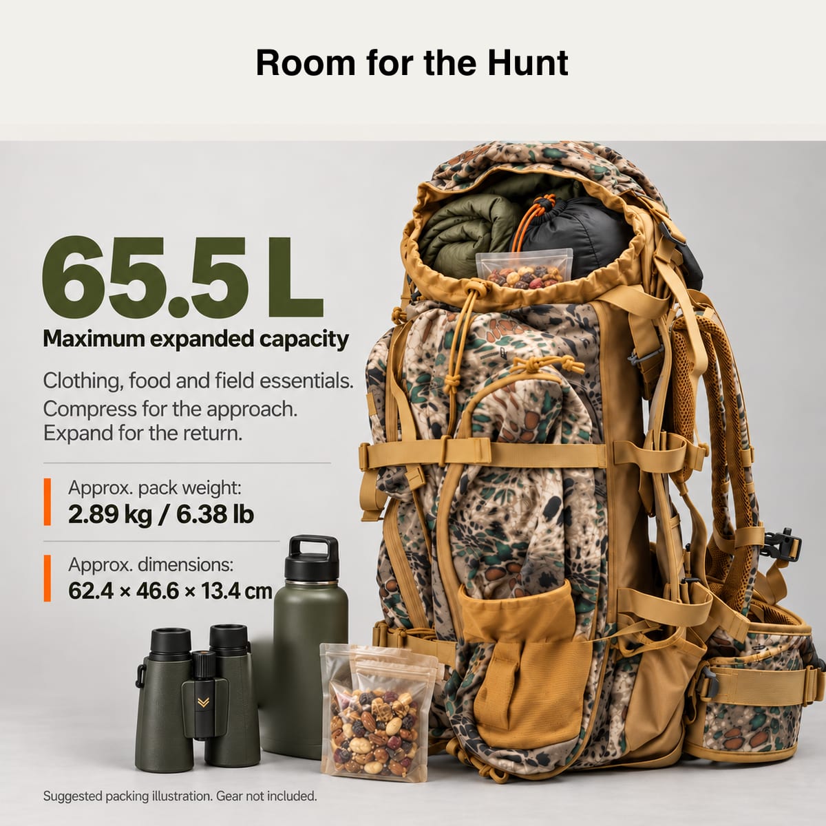 Traverseon 65.5 L/4000 cu in Load Reducing Camo Hunting Backpack With Rain Cover