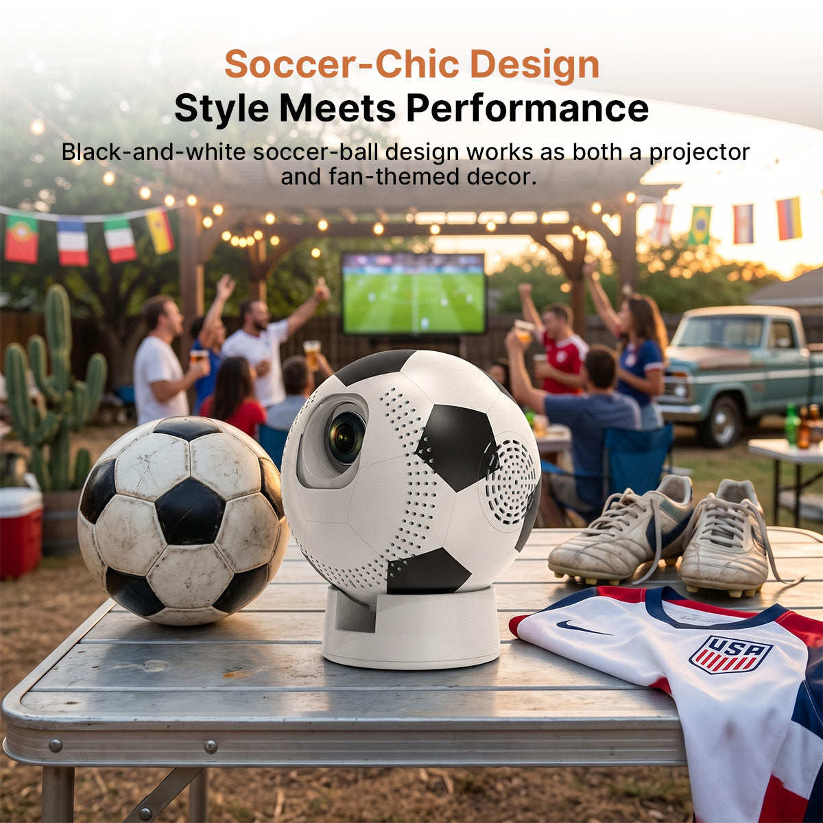 Soccer-Shaped Smart Projector – 360° WiFi6 Home Theater | Traverseon