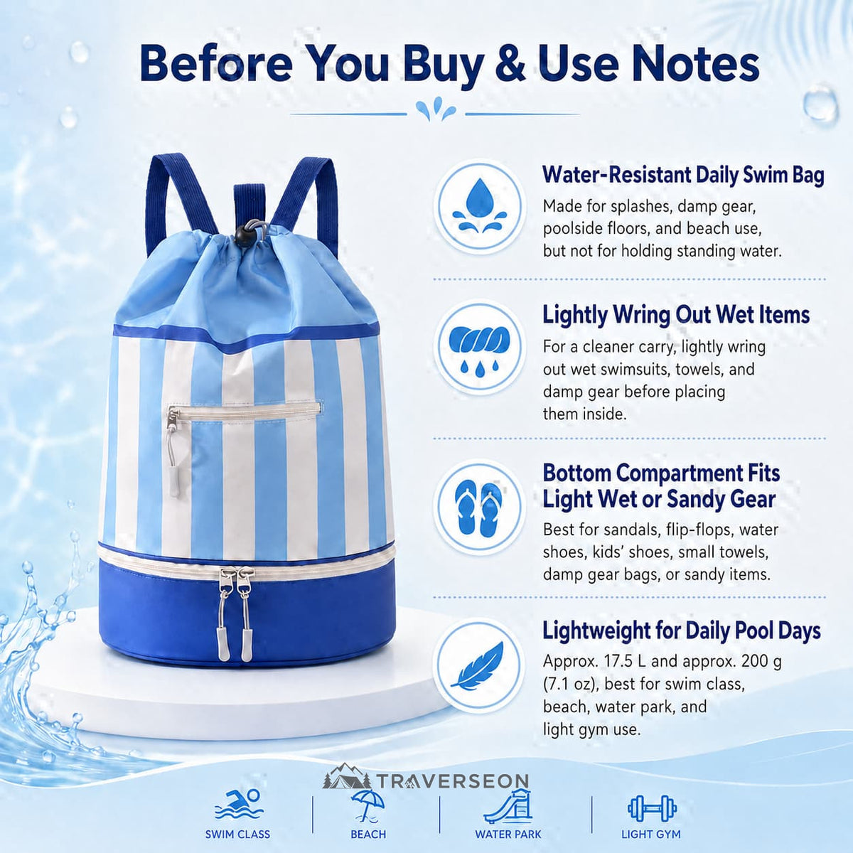 17.5L Wet Dry Drawstring Swim Bag – Bottom Compartment Pool Bag | Traverseon