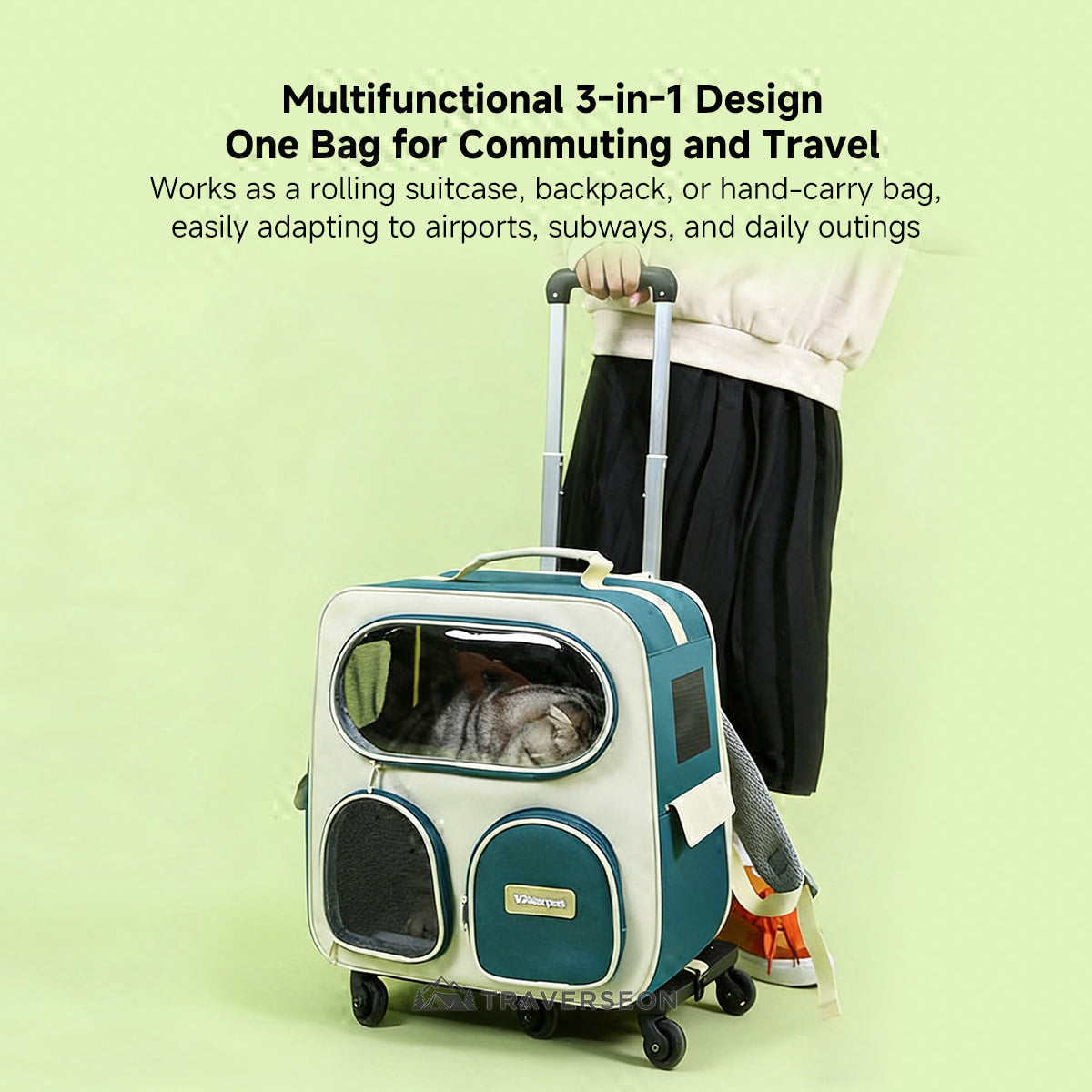 3-in-1 Detachable Lightweight Pet Rolling Carrier - Travel Bag for Cats & Dogs Up to 18 lbs | Traverseon