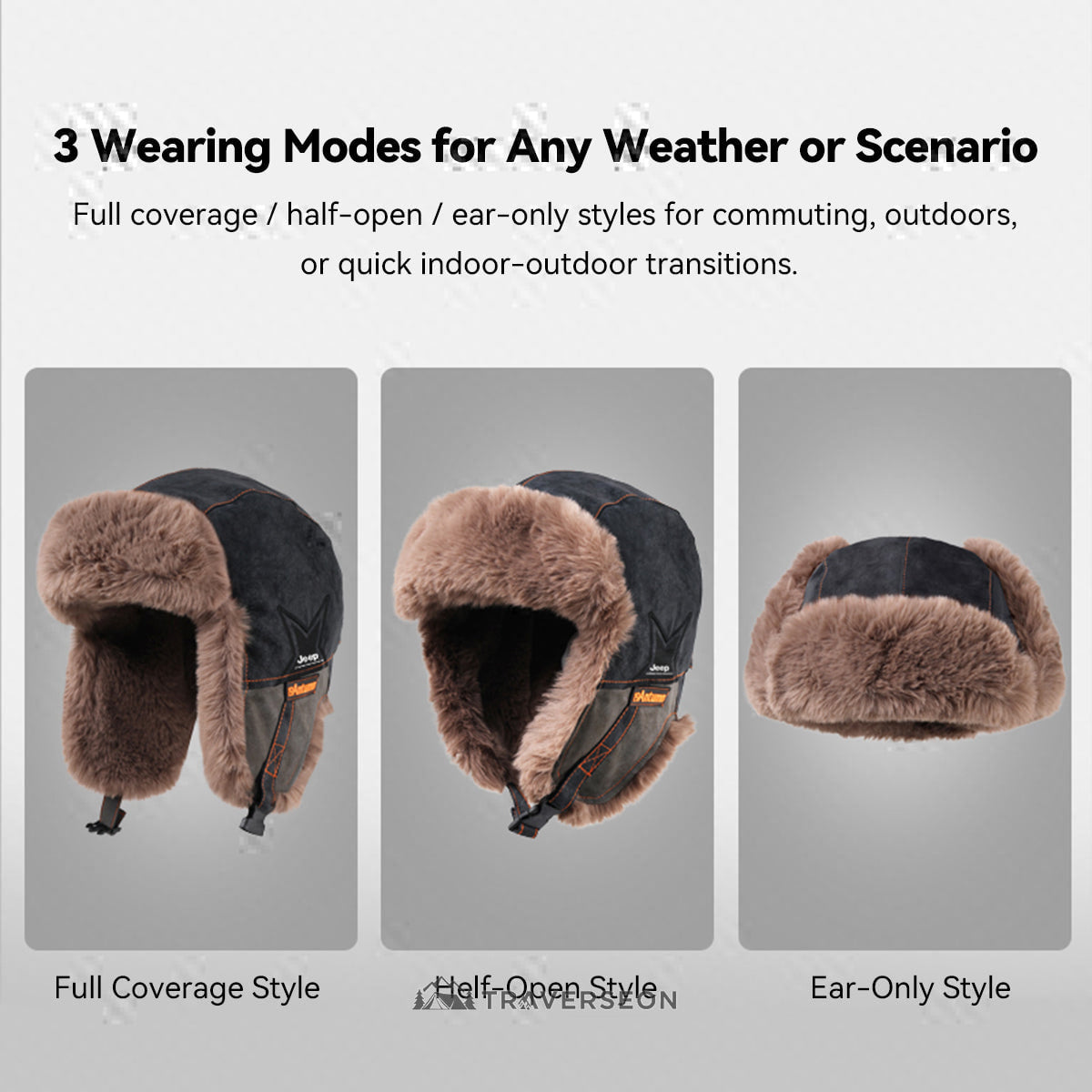 3-Way Winter Trapper Hat with Ear Flaps, Fleece-Lined Faux Leather Cold Weather Hat | Traverseon