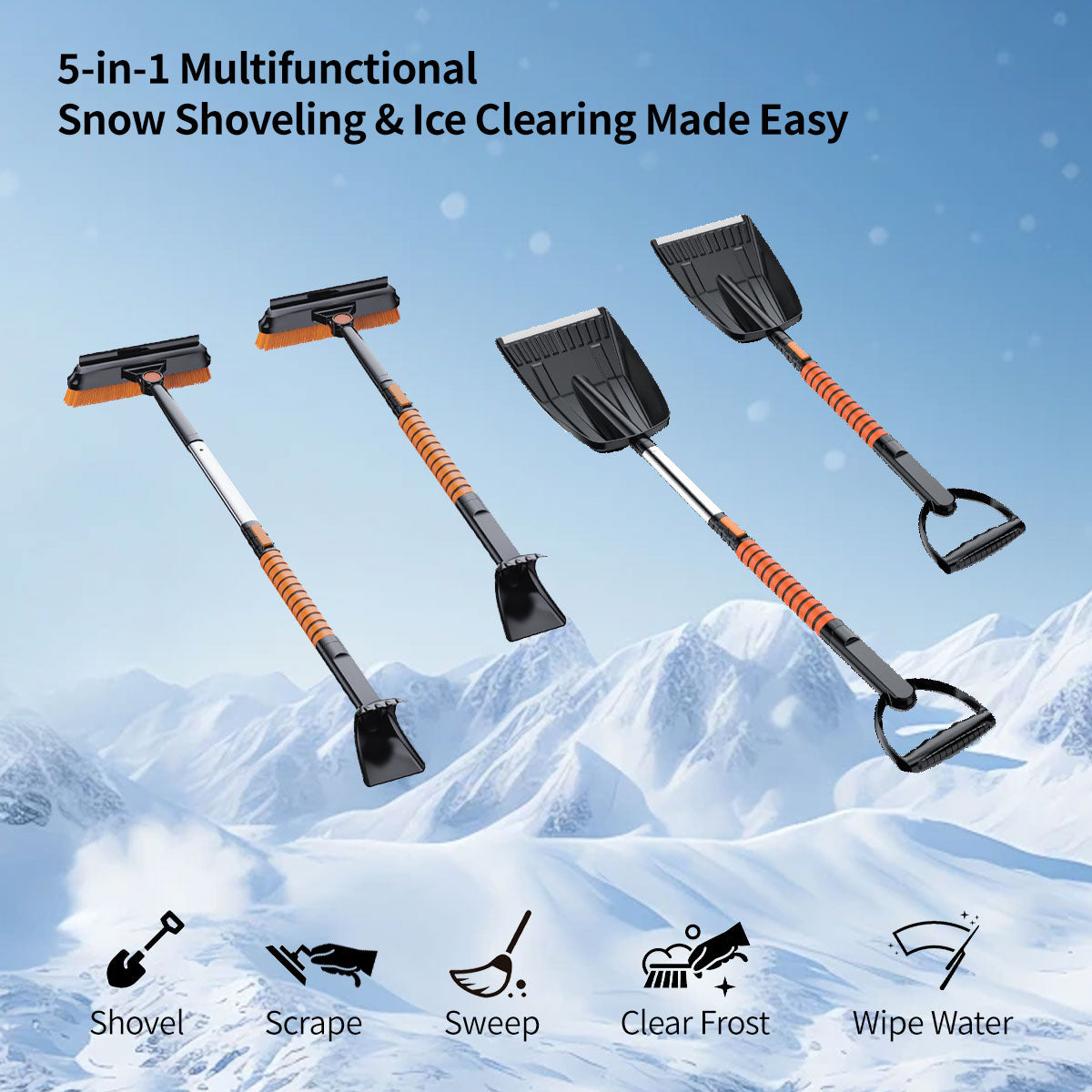 5-in-1 Car Snow Shovel & Ice Scraper - 180Β° Rotating, Extendable & Paint-Safe for Sedan, SUV, Truck| Traverseon