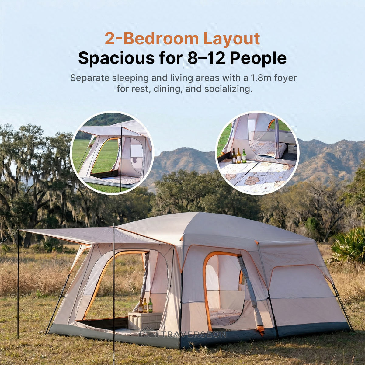 12 Person Family Camping Tent – 14.1 × 10 ft, 3-Room Waterproof | Traverseon