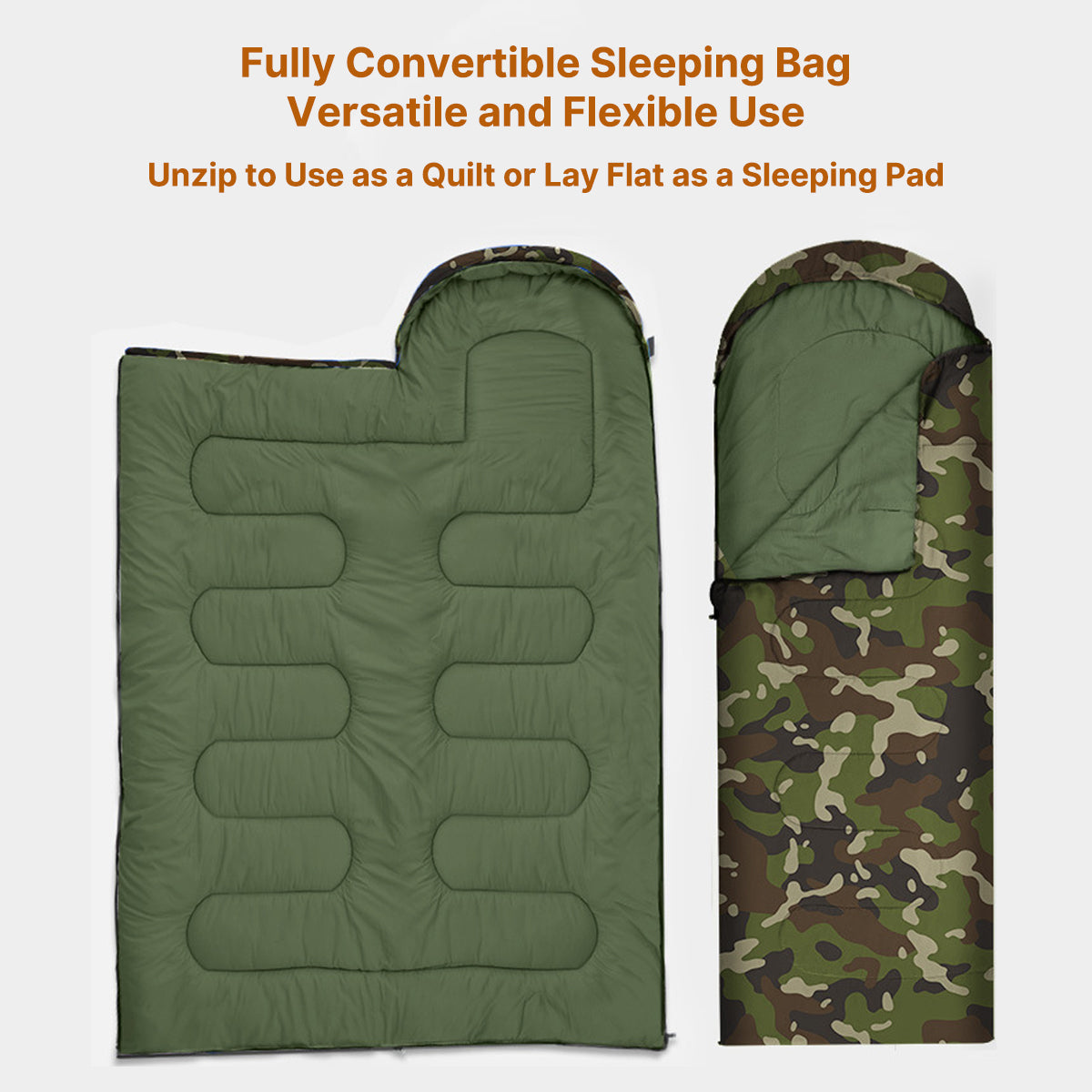 Cold Weather Camouflage Sleeping Bag – Thick Warm Hooded for Outdoor Camping, Suitable for Temperatures Above -10°C