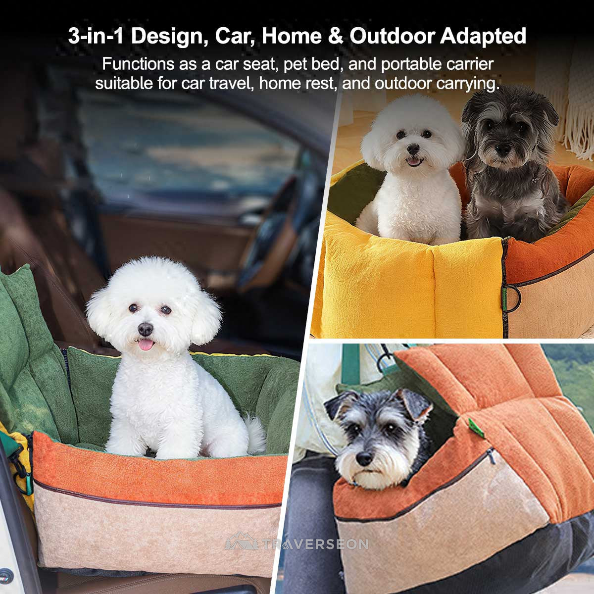 3-in-1 Pet Car Seat & Carrier - Washable Travel Bed for Car, Home & Outdoors (Up to 28 lbs) | Traverseon