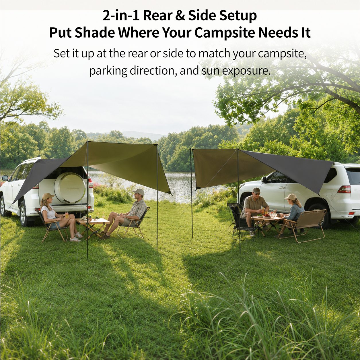 SideMount Dual-Use Car Awning — 2 in 1 Rear & Side Setup, Leak Resistant, Windproof Stable, All Weather Portable | Traverseon