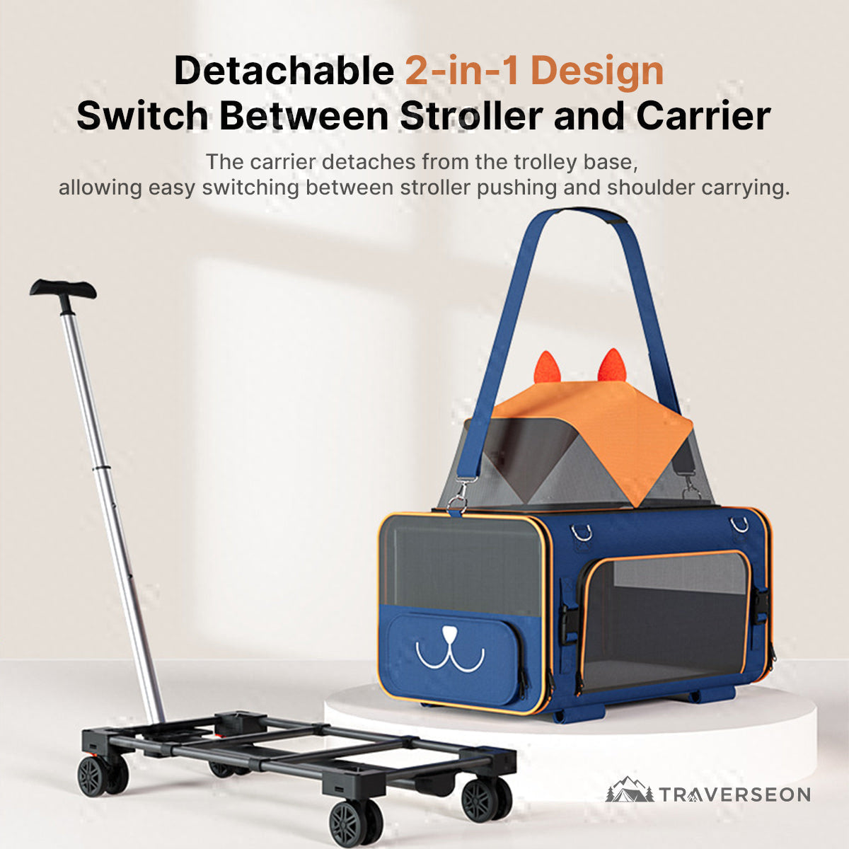 2-in-1 Pet Stroller & Carrier – Foldable Breathable Dog & Cat Travel Cart | Traverseon