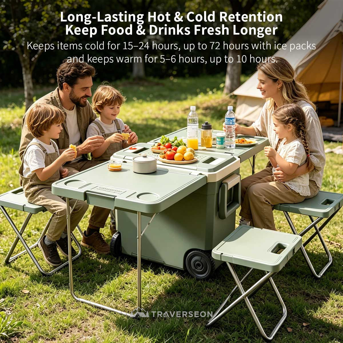 32L / 34Qt Folding Cooler Table – Wheeled Camping Picnic Cooler | Traverseon