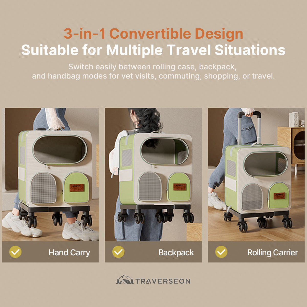 3-in-1 Rolling Pet Carrier | 11.3 kg Capacity | Traverseon