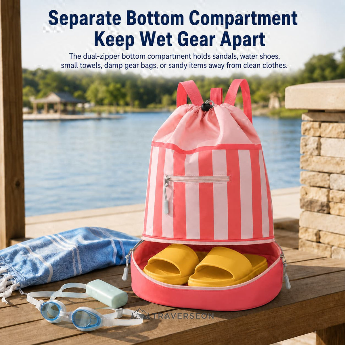 17.5L Wet Dry Drawstring Swim Bag – Bottom Compartment Pool Bag | Traverseon