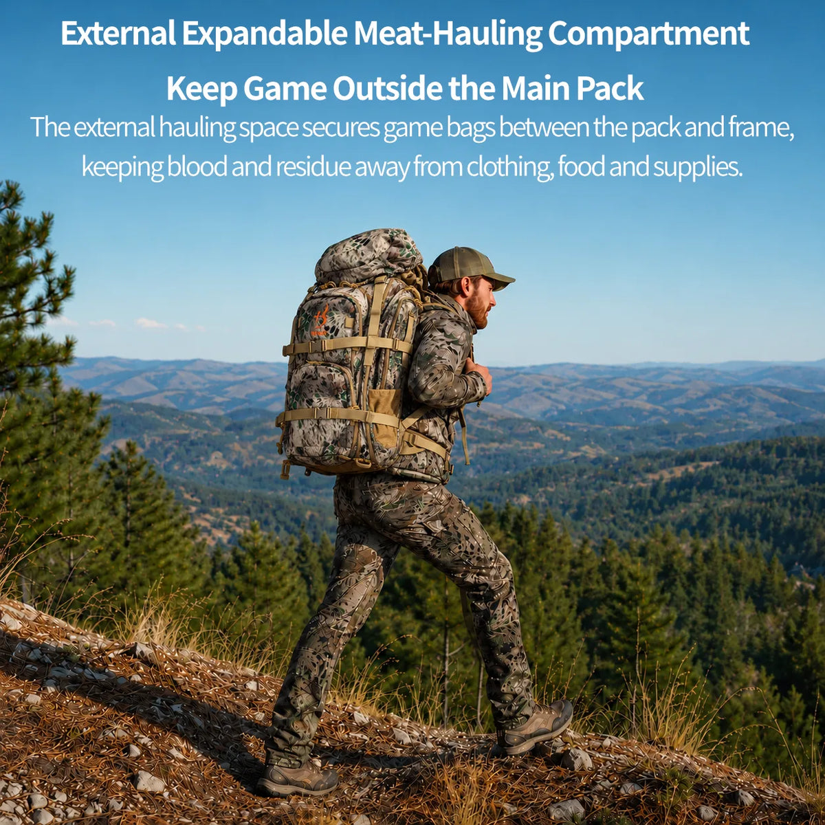 A man in camouflage hiking outdoors on a mountain trail with a large backpack, with text at the top describing an external expandable meat-hauling compartment.