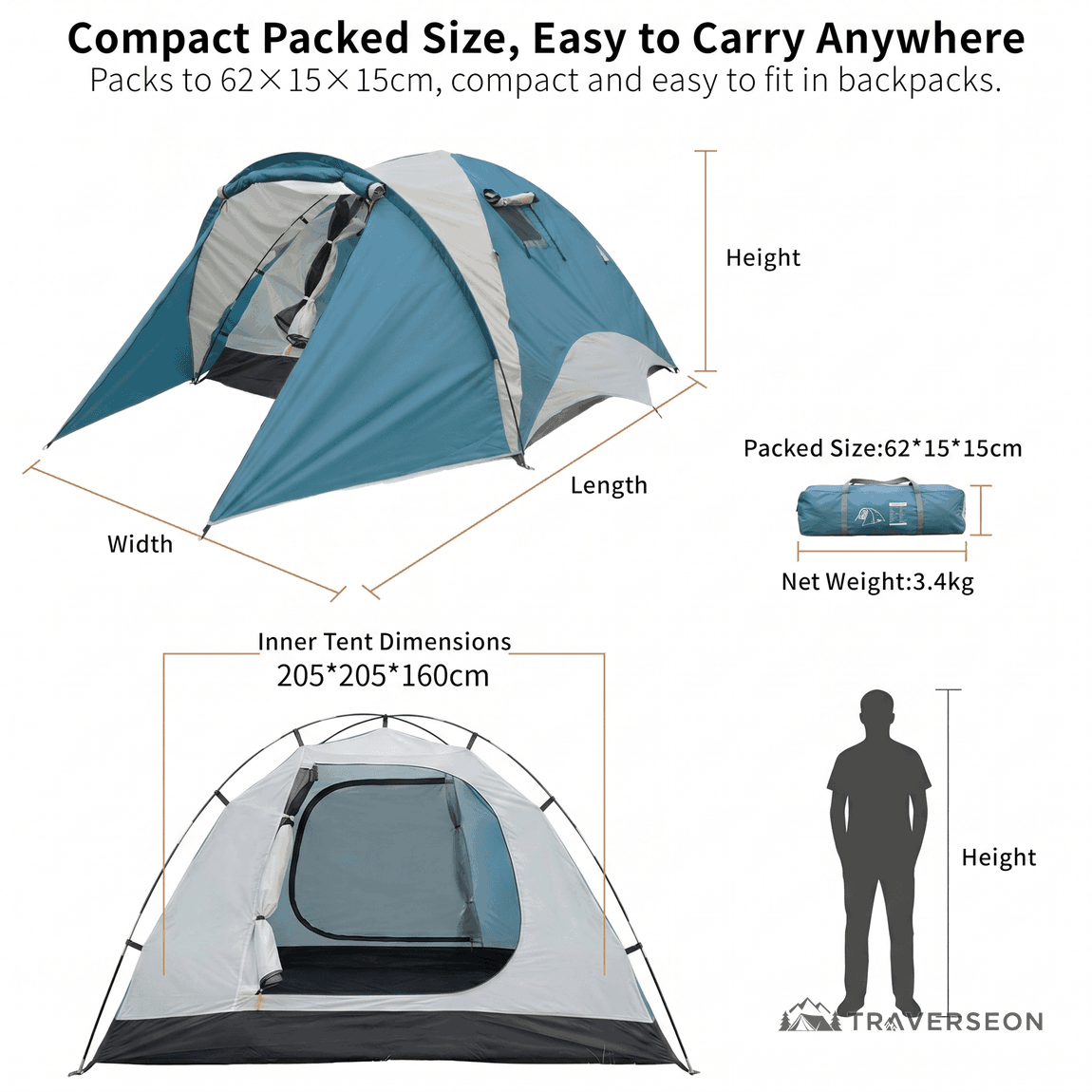 2–3 Person Camping Tent – 7.5 lb Lightweight, 3-Season, Easy Setup | Traverseon