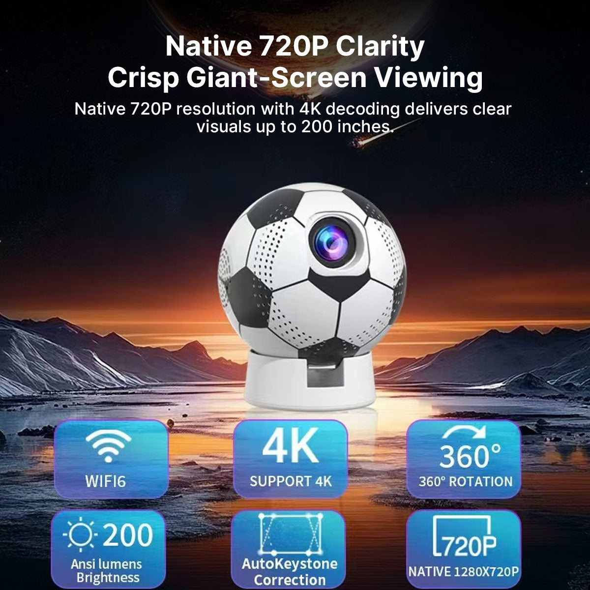 Soccer-Shaped Smart Projector – 360° WiFi6 Home Theater | Traverseon