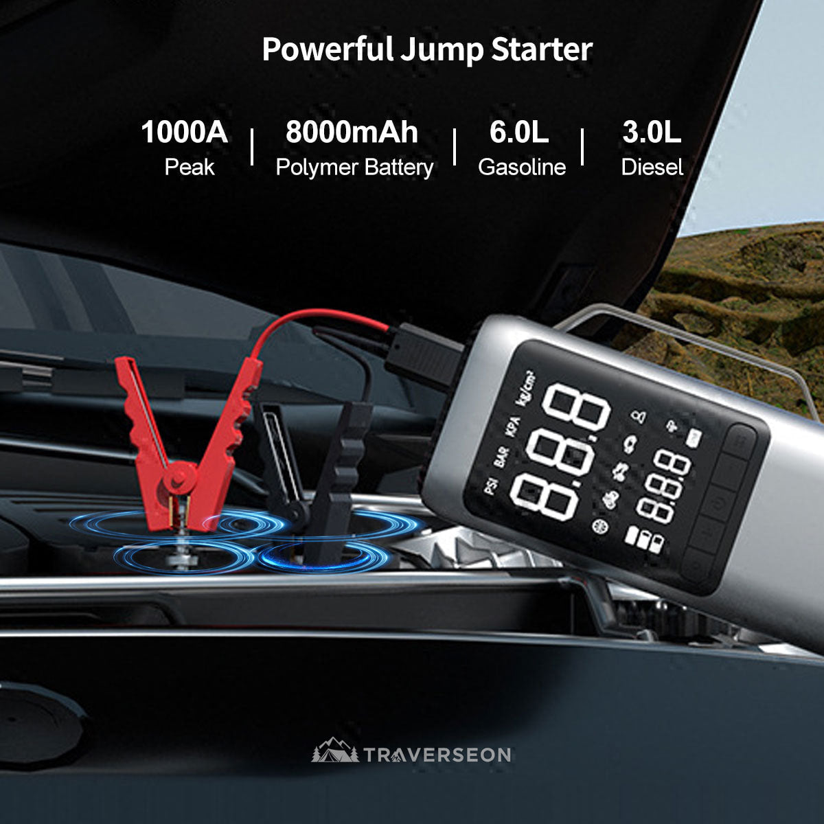 9-in-1 Car Emergency Tool – Jump Starter, Tire Inflator, Vacuum Cleaner | Traverseon
