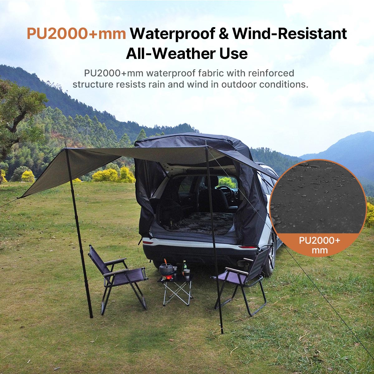 SUV Car Camping Tailgate Awning, Waterproof Privacy Screen, Extended Canopy, All-Terrain & All-Season Use | Traverseon