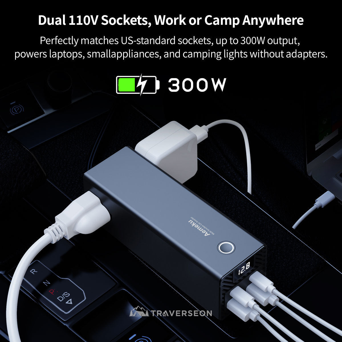 300W Car Power Inverter, 12V/24V to 110V, 2 AC Outlets + 4 USB Fast Charging Ports | Traverseon