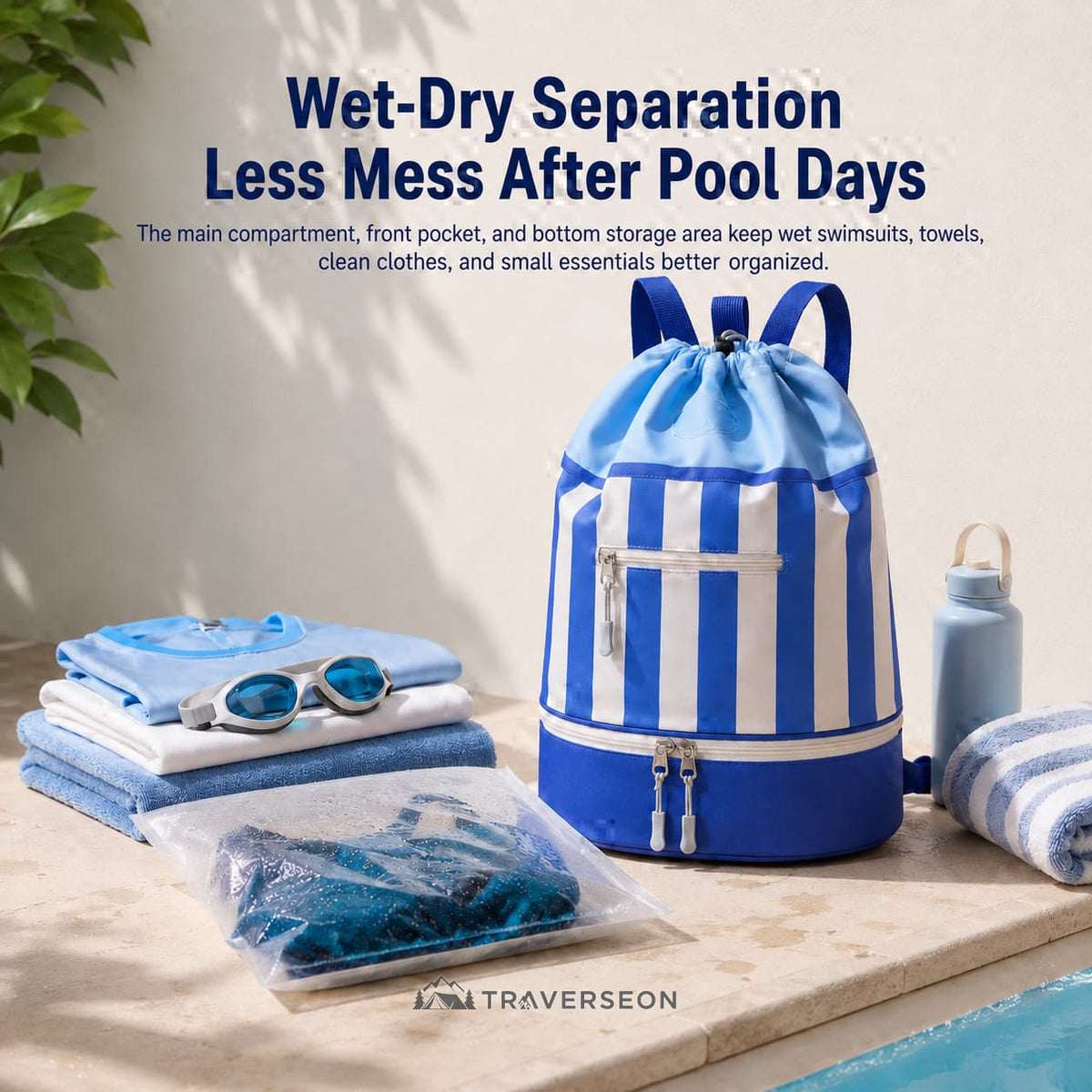 17.5L Wet Dry Drawstring Swim Bag – Bottom Compartment Pool Bag | Traverseon