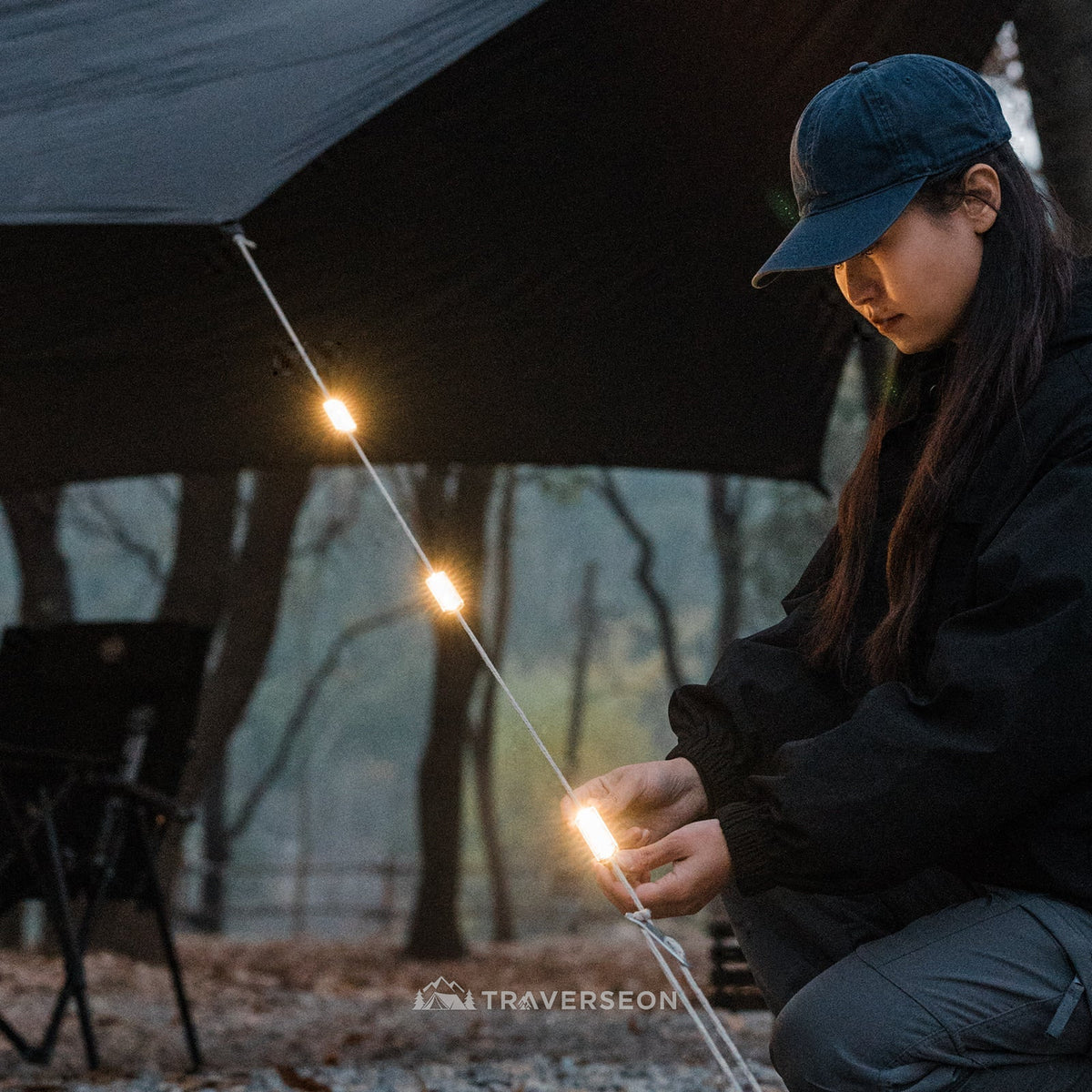 8-Piece Camping Rope Light Set with Buckles, Type-C Rechargeable, Stepless Dimming | Traverseon