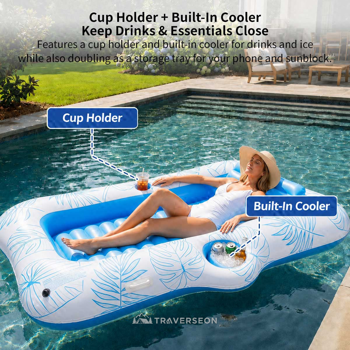 82.7" Inflatable Pool Float with Built-In Cooler – Water Lounger | Traverseon