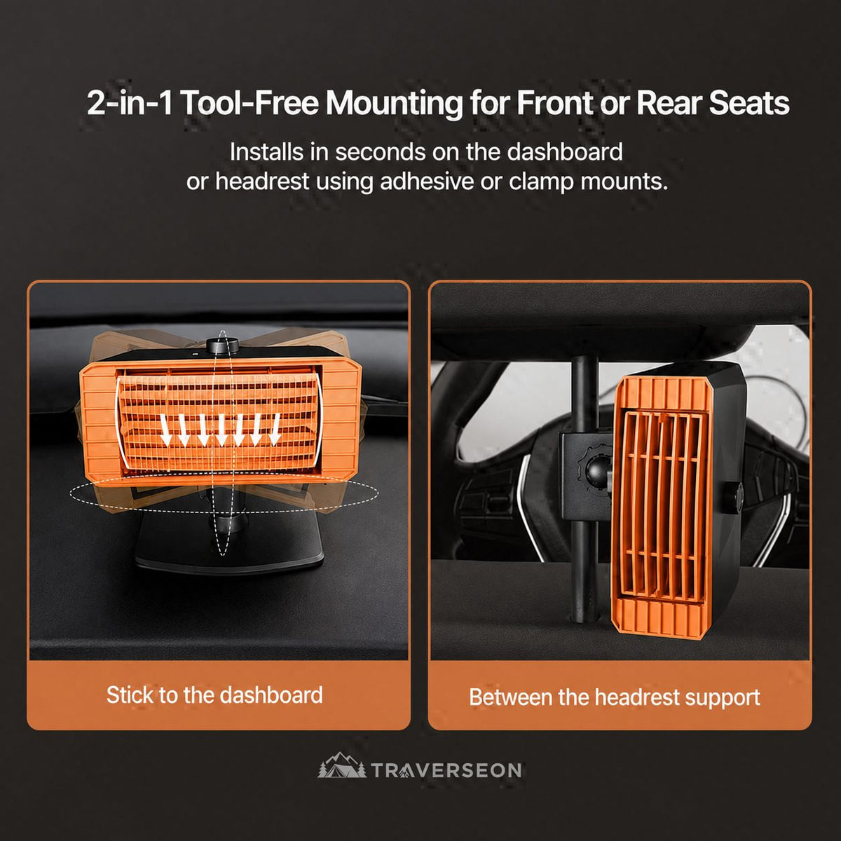 360° Swivel Fast-Heat Car Heater —12V/24V, Instant 80°C, Silent, Fire-Retardant Safety | Traverseon