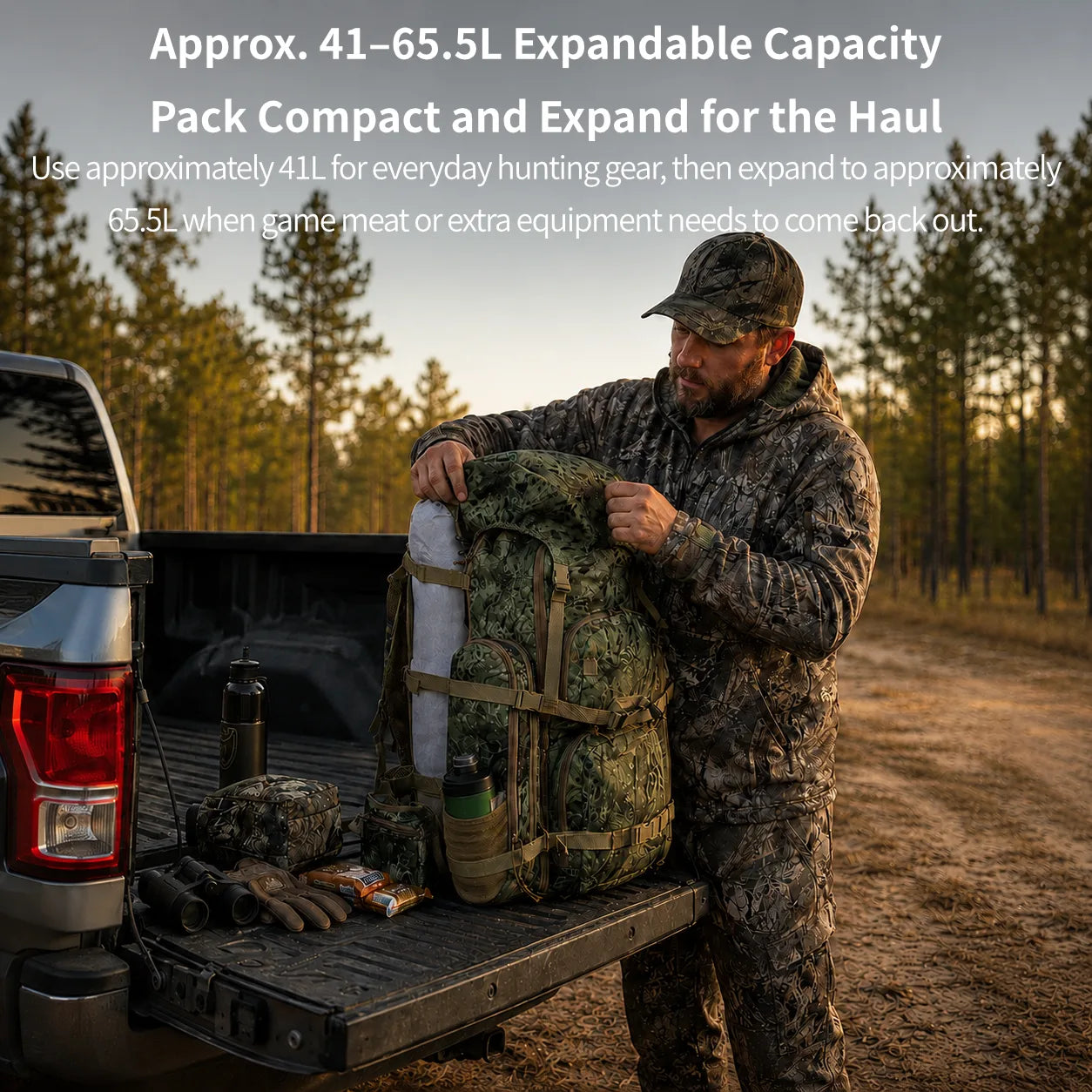 65.5L Camo Framed Hunting Backpack – 40 kg (88 lb) Max Load Meat Hauler | Traverseon