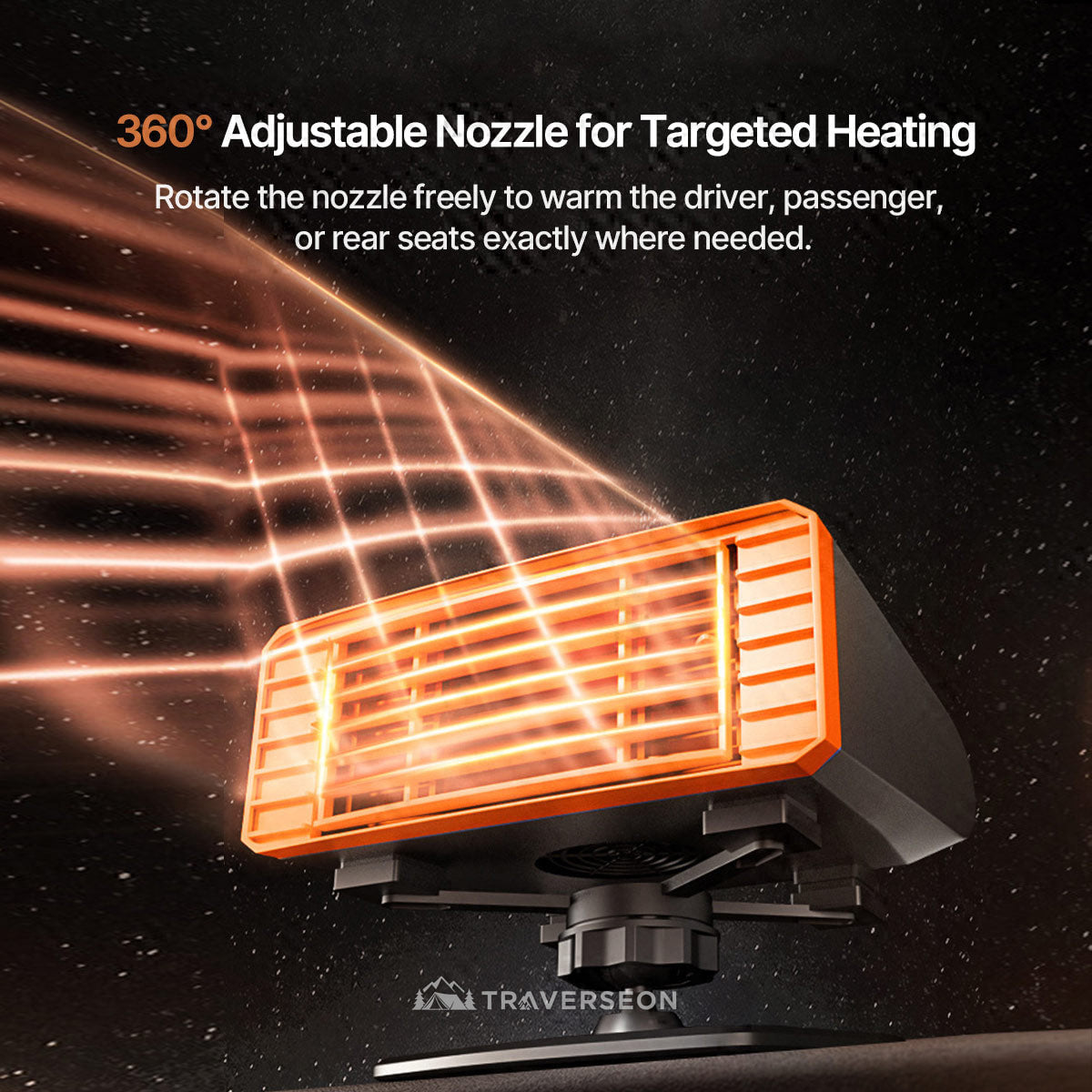 360° Swivel Fast-Heat Car Heater —12V/24V, Instant 80°C, Silent, Fire-Retardant Safety | Traverseon
