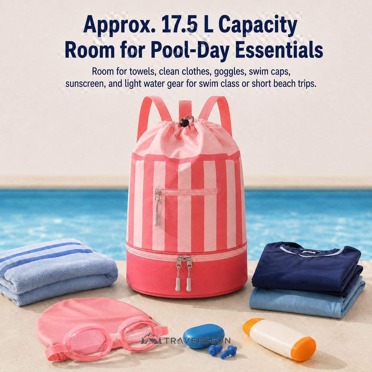 17.5L Wet Dry Drawstring Swim Bag – Bottom Compartment Pool Bag | Traverseon