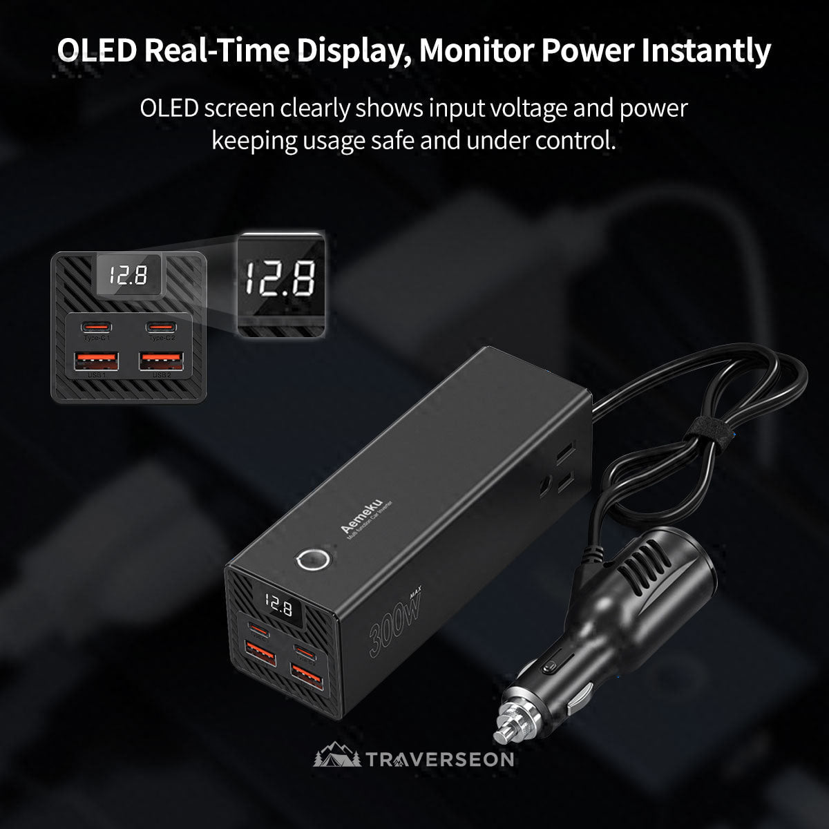 300W Car Power Inverter, 12V/24V to 110V, 2 AC Outlets + 4 USB Fast Charging Ports | Traverseon