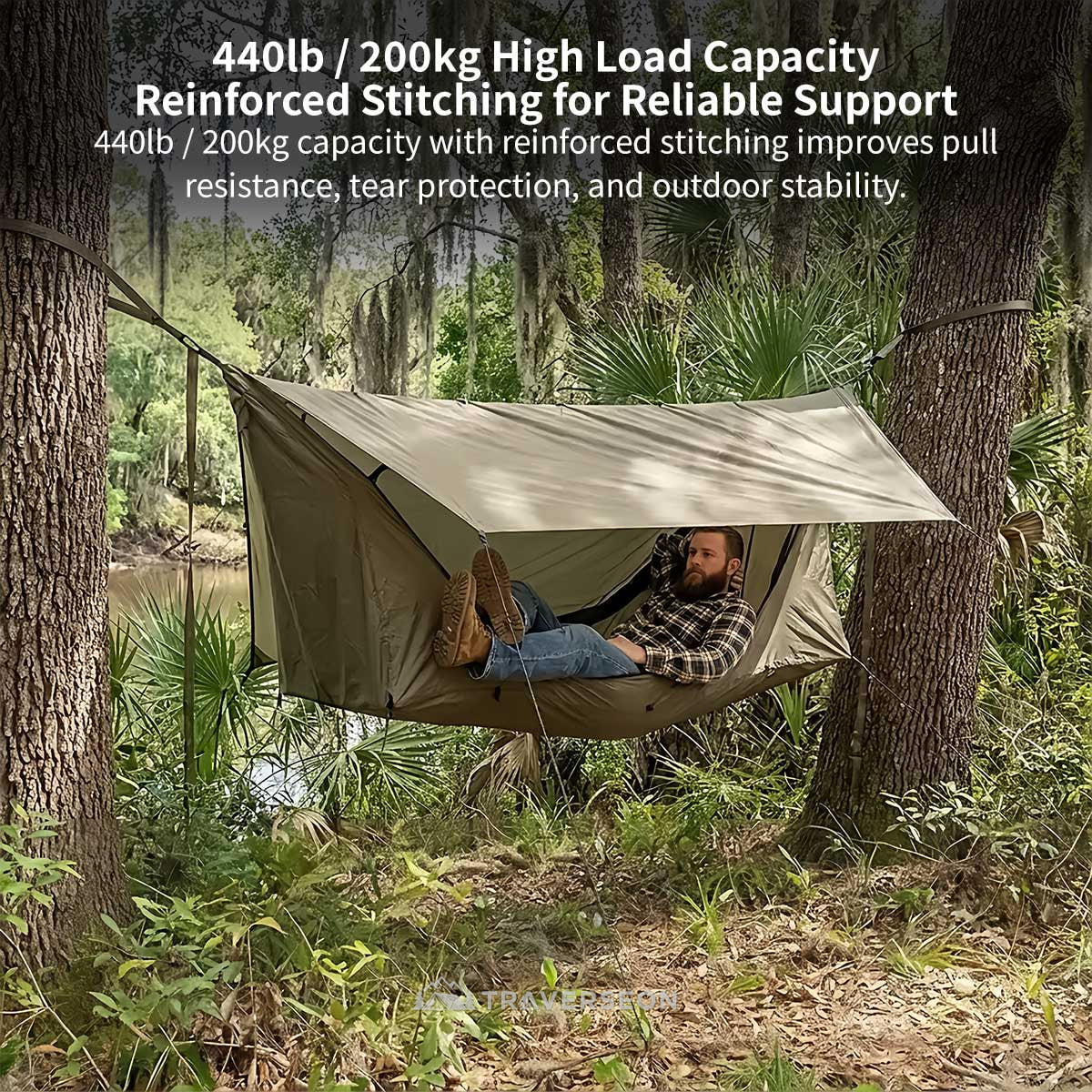 Anti-Mosquito Camping Hammock – 440 lb, 3000 mm Rain Tarp | Traverseon