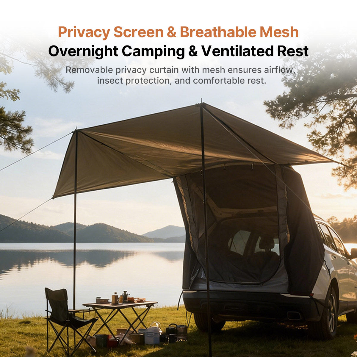 SUV Car Camping Tailgate Awning, Waterproof Privacy Screen, Extended Canopy, All-Terrain & All-Season Use | Traverseon
