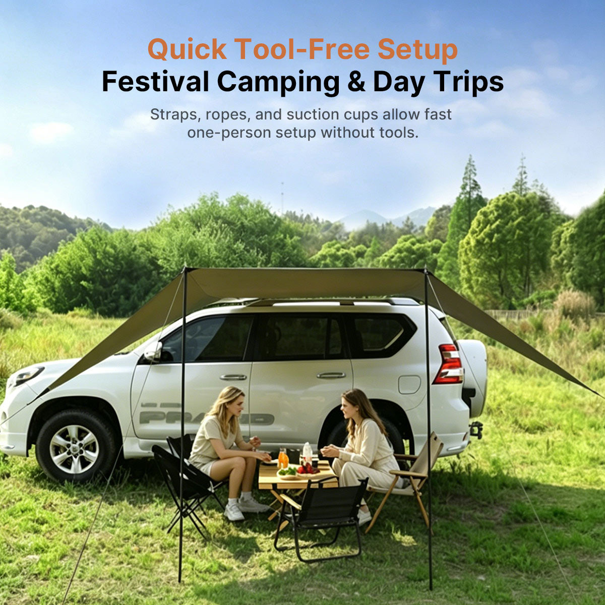SideMount Dual-Use Car Awning — 2-in-1 Rear & Side Setup, Windproof Stable, All-Weather Portable | Traverseon