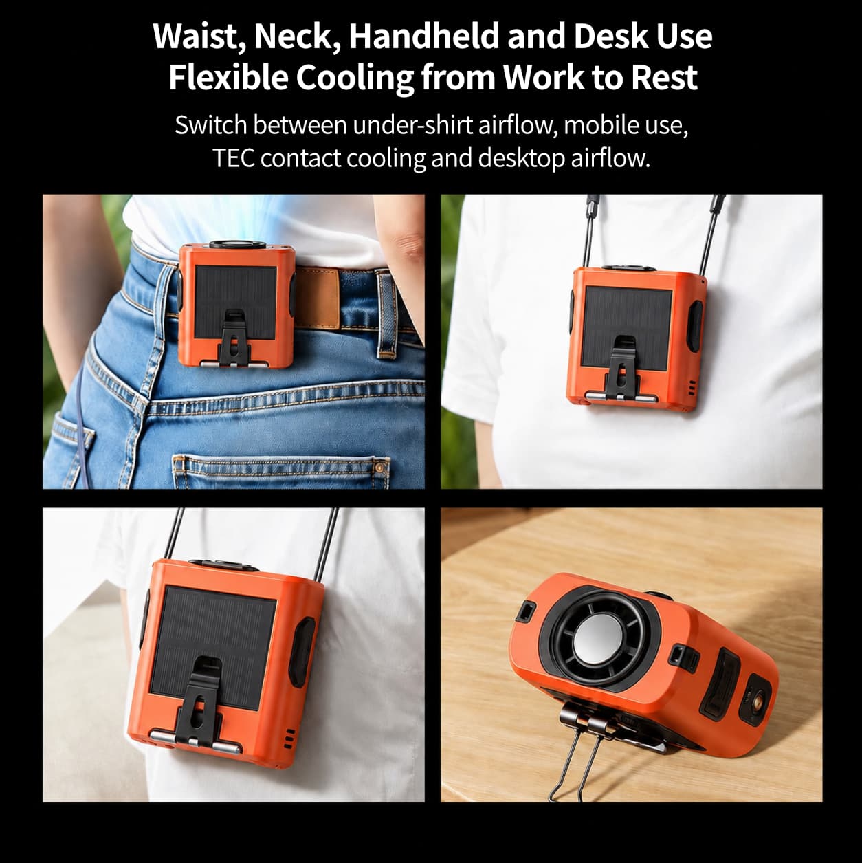 Portable Waist Fan – 8000mAh TEC Cooling, 100-Speed, Solar-Assisted | Traverseon