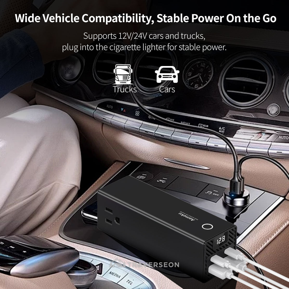 300W Car Power Inverter, 12V/24V to 110V, 2 AC Outlets + 4 USB Fast Charging Ports | Traverseon