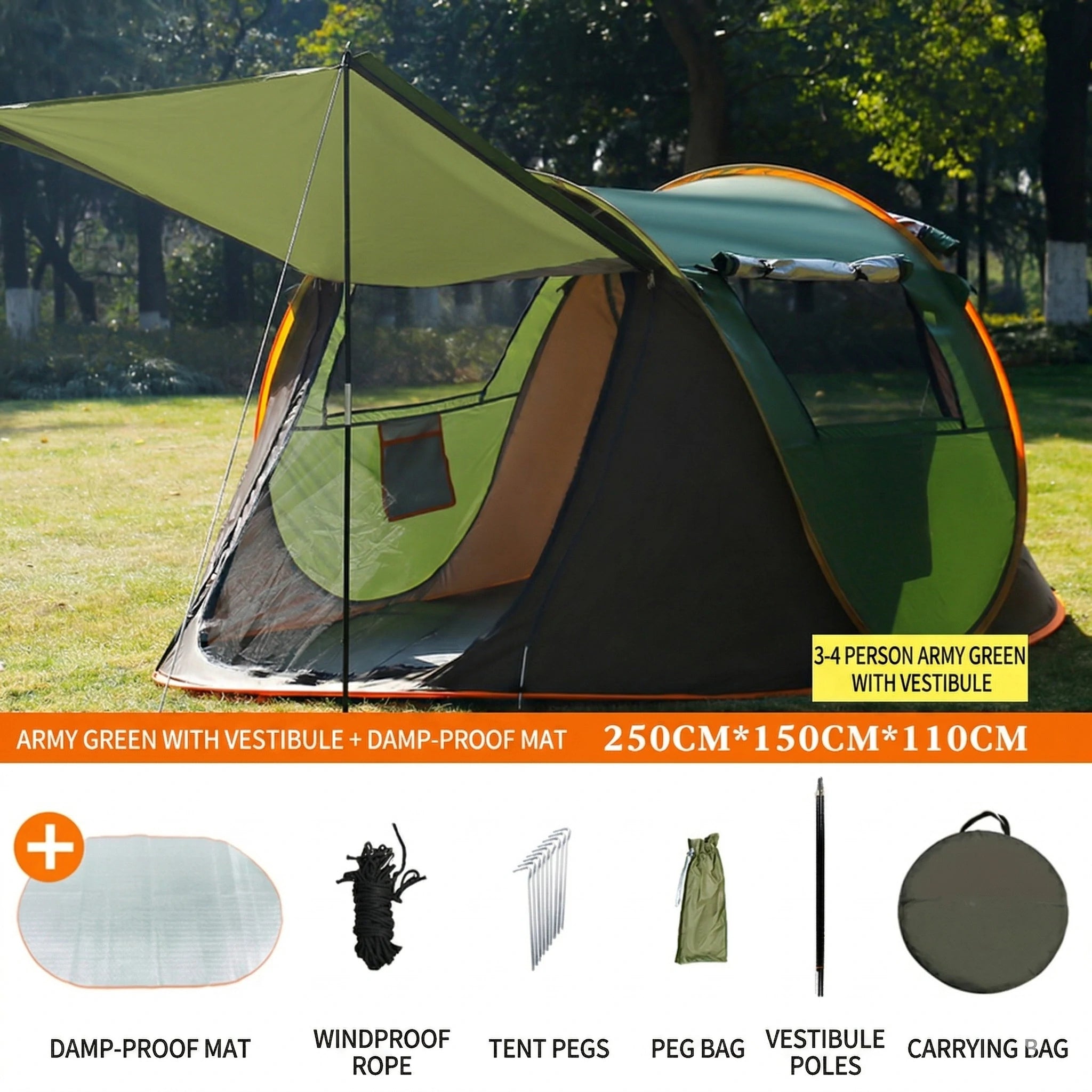 Automatic Pop-up Camping Tent – 3-8 Person Waterproof Instant Setup Shelter with Porch | Traverseon