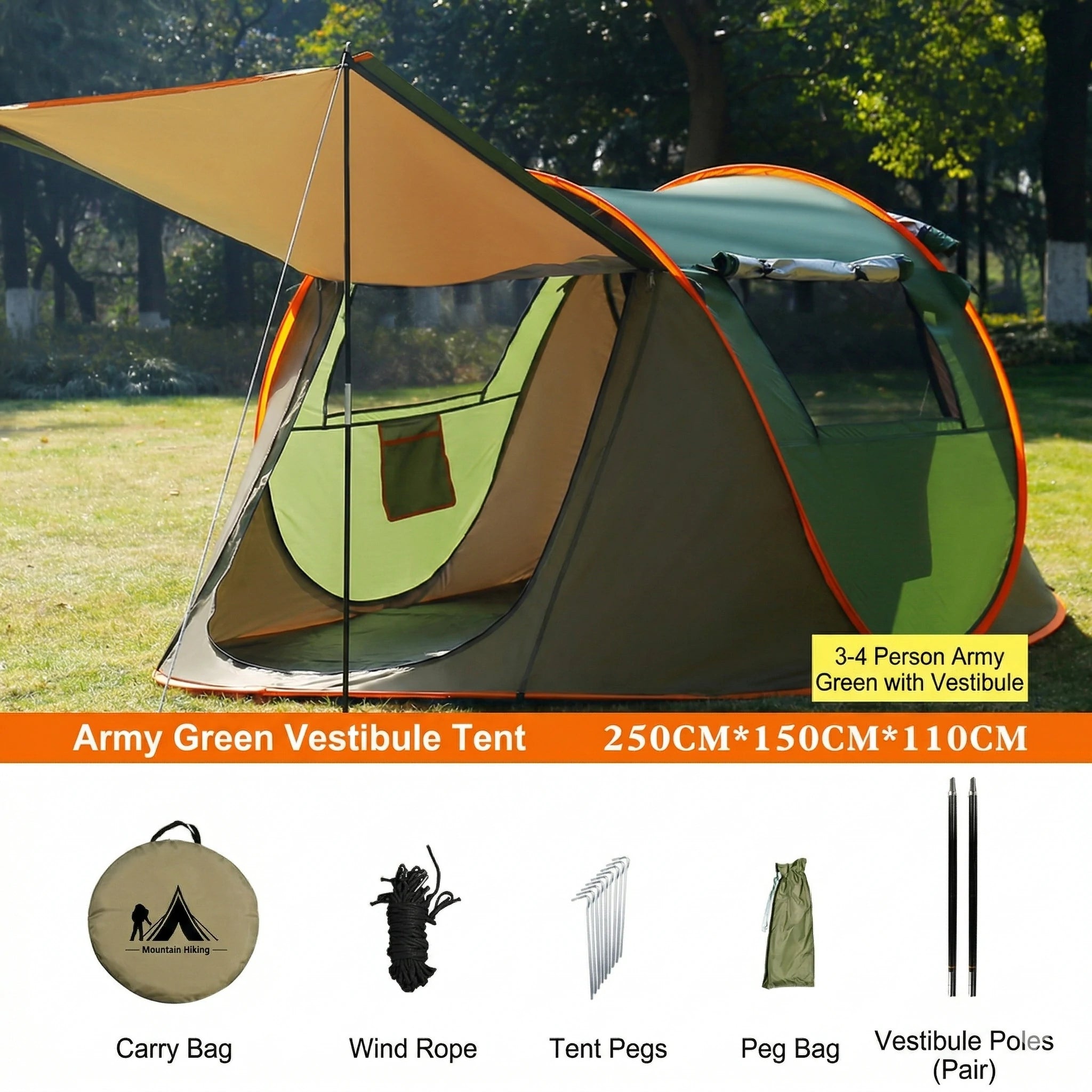 Automatic Pop-up Camping Tent – 3-8 Person Waterproof Instant Setup Shelter with Porch | Traverseon