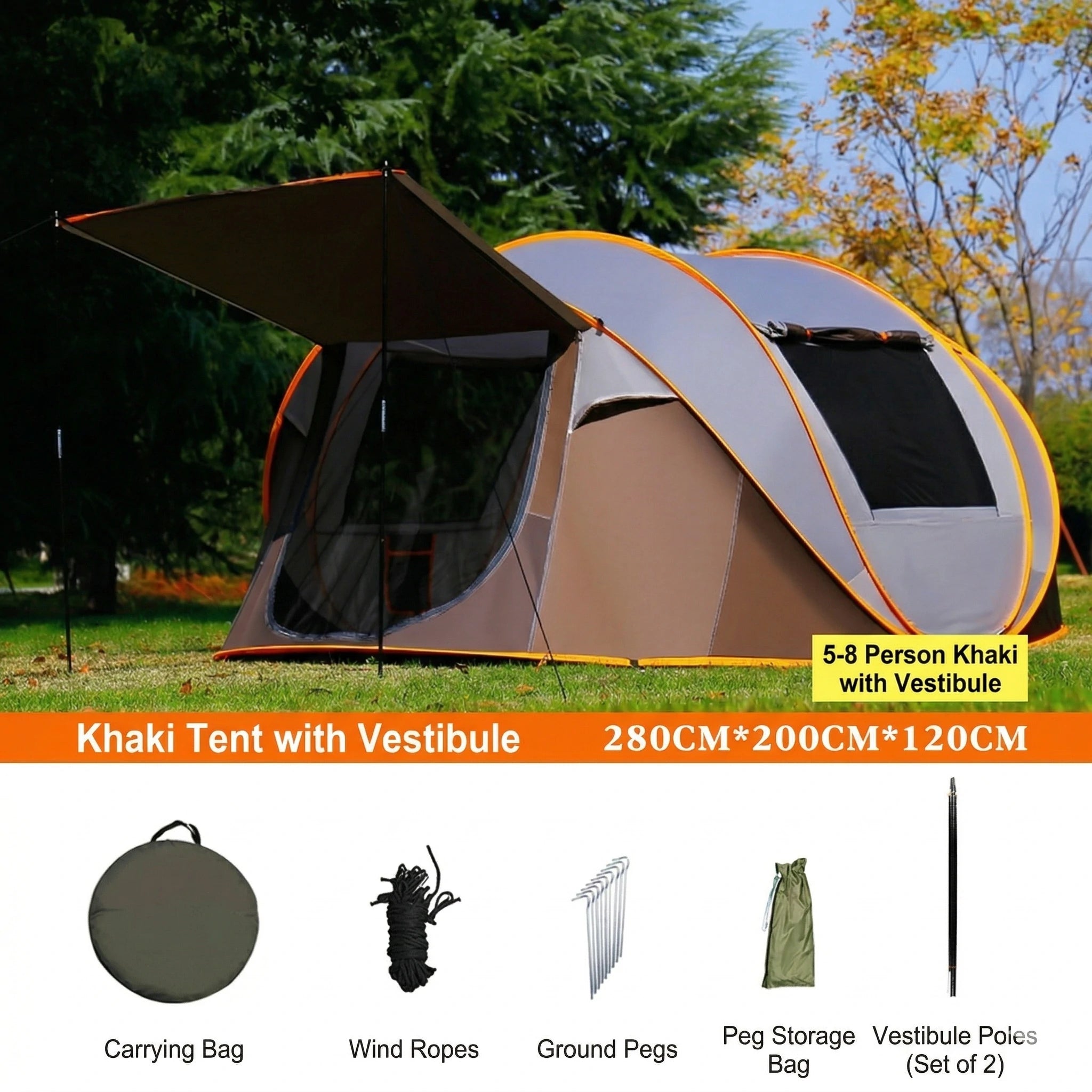 Automatic Pop-up Camping Tent – 3-8 Person Waterproof Instant Setup Shelter with Porch | Traverseon