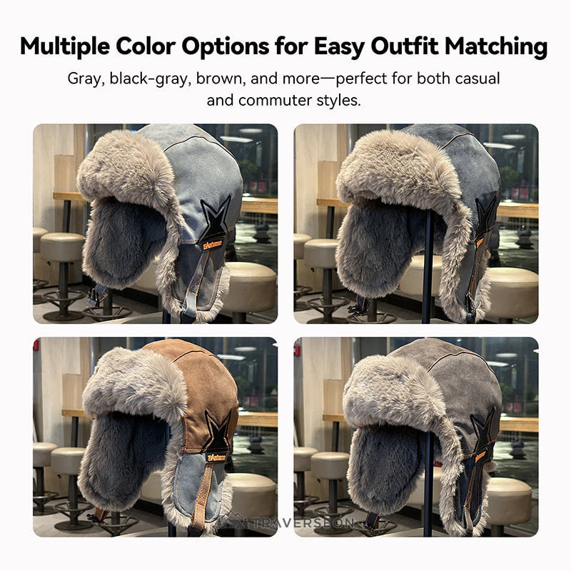 3-Way Winter Trapper Hat with Ear Flaps, Fleece-Lined Faux Leather Cold Weather Hat | Traverseon