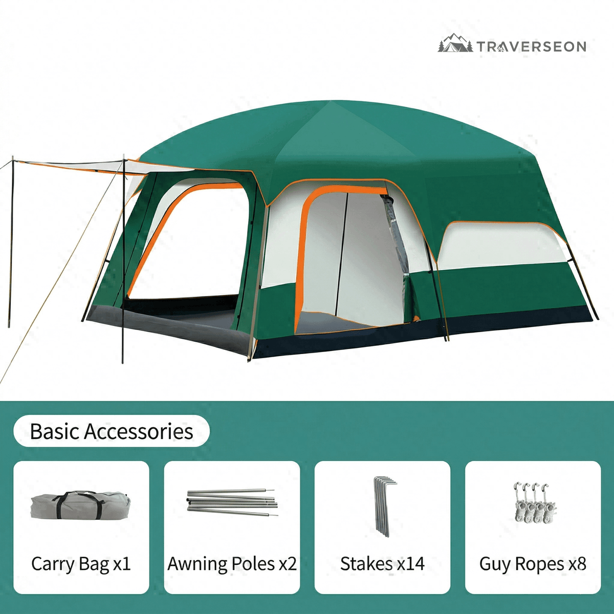 12 Person Family Camping Tent – 14.1 × 10 ft, 3-Room Waterproof | Traverseon