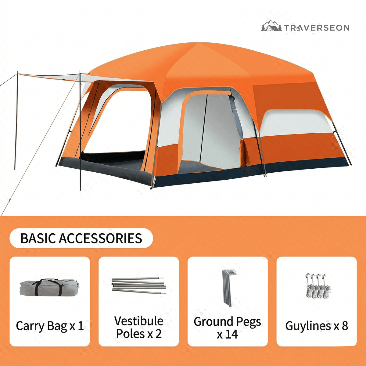 12 Person Family Camping Tent – 14.1 × 10 ft, 3-Room Waterproof | Traverseon