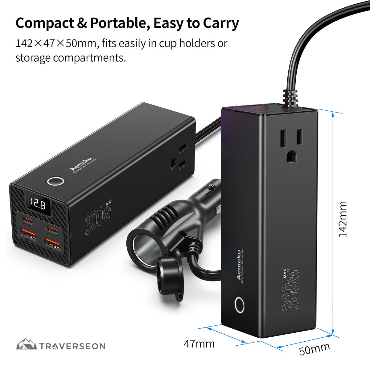 300W Car Power Inverter, 12V/24V to 110V, 2 AC Outlets + 4 USB Fast Charging Ports | Traverseon