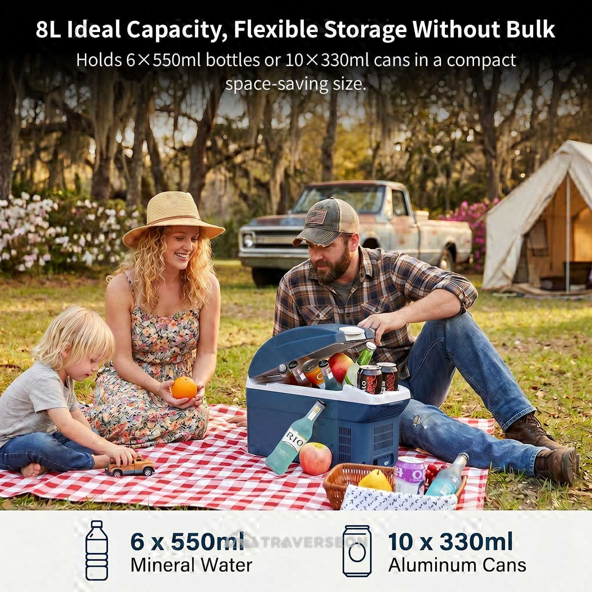 12V Portable Car Cooler & Warmer – 8L Quiet 33dB for Car Camping | Traverseon