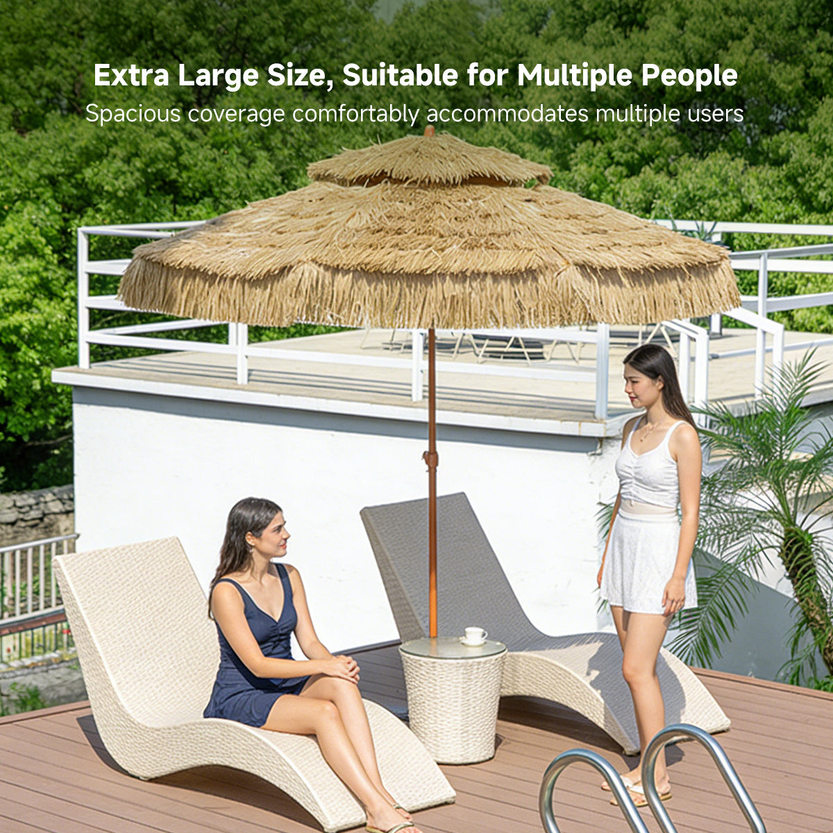 Straw Patio Umbrella – 2M/2.4M DoubleTop Anti-Pinch Tiltable Waterproof Deck Backyard Pool Garden | Traverseon