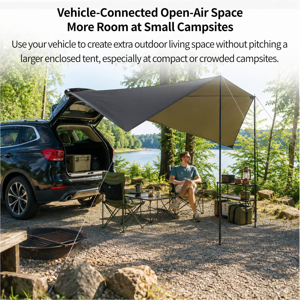 SideMount Dual-Use Car Awning — 2 in 1 Rear & Side Setup, Leak Resistant, Windproof Stable, All Weather Portable | Traverseon