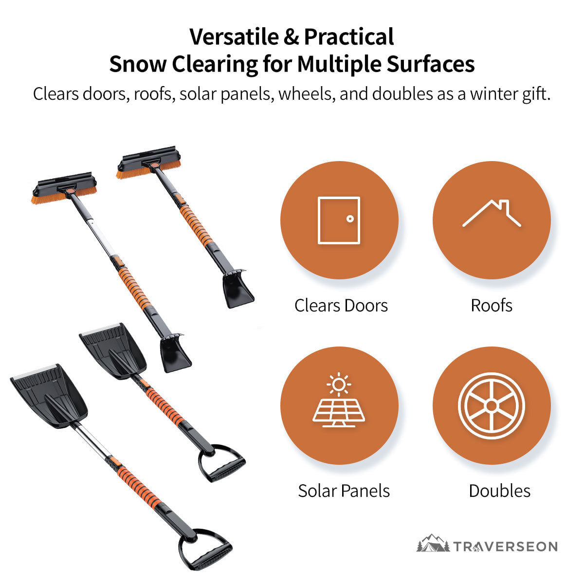 5-in-1 Car Snow Shovel & Ice Scraper - 180° Rotating, Extendable & Paint-Safe for Sedan, SUV, Truck| Traverseon
