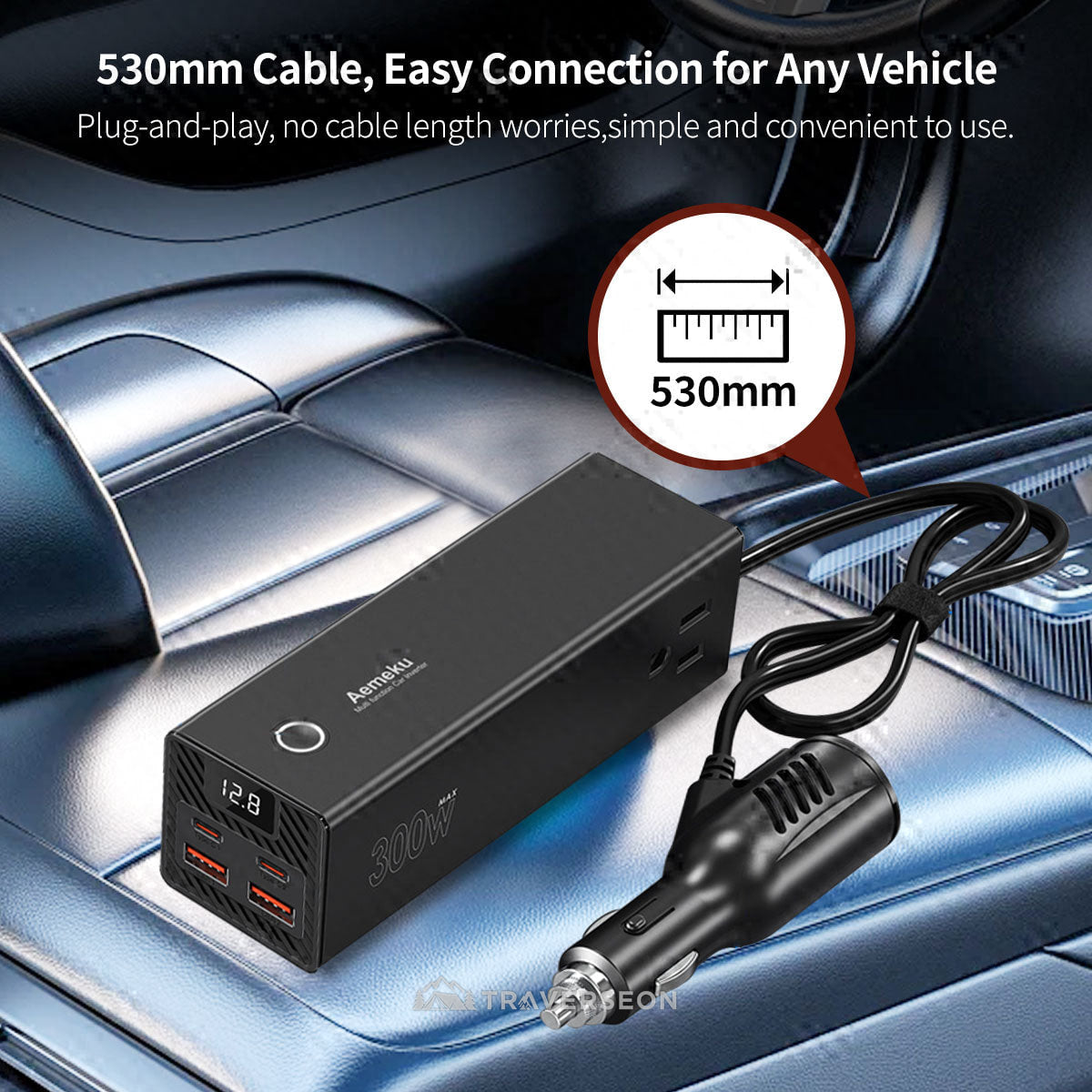 300W Car Power Inverter, 12V/24V to 110V, 2 AC Outlets + 4 USB Fast Charging Ports | Traverseon