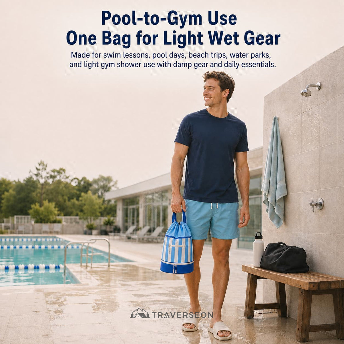 17.5L Wet Dry Drawstring Swim Bag – Bottom Compartment Pool Bag | Traverseon