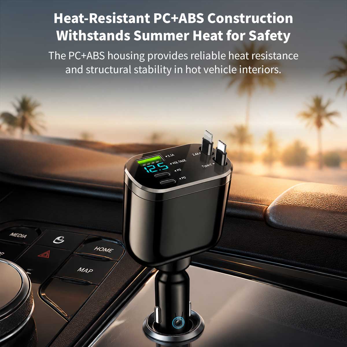 120W 5-in-1 Retractable Car Charger – 70cm Dual Cables, 30W USB-C PD | Traverseon