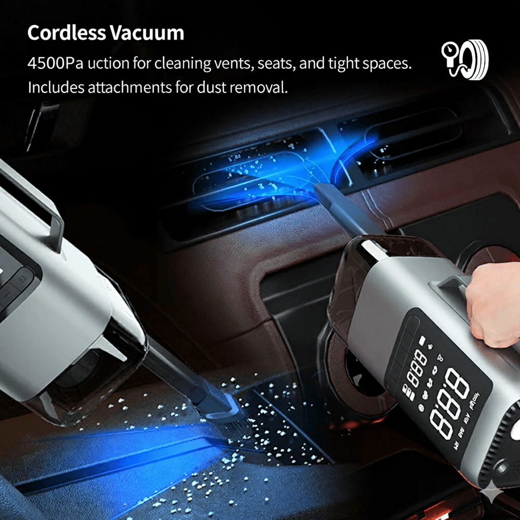 9-in-1 Car Emergency Tool – Jump Starter, Tire Inflator, Vacuum Cleaner | Traverseon