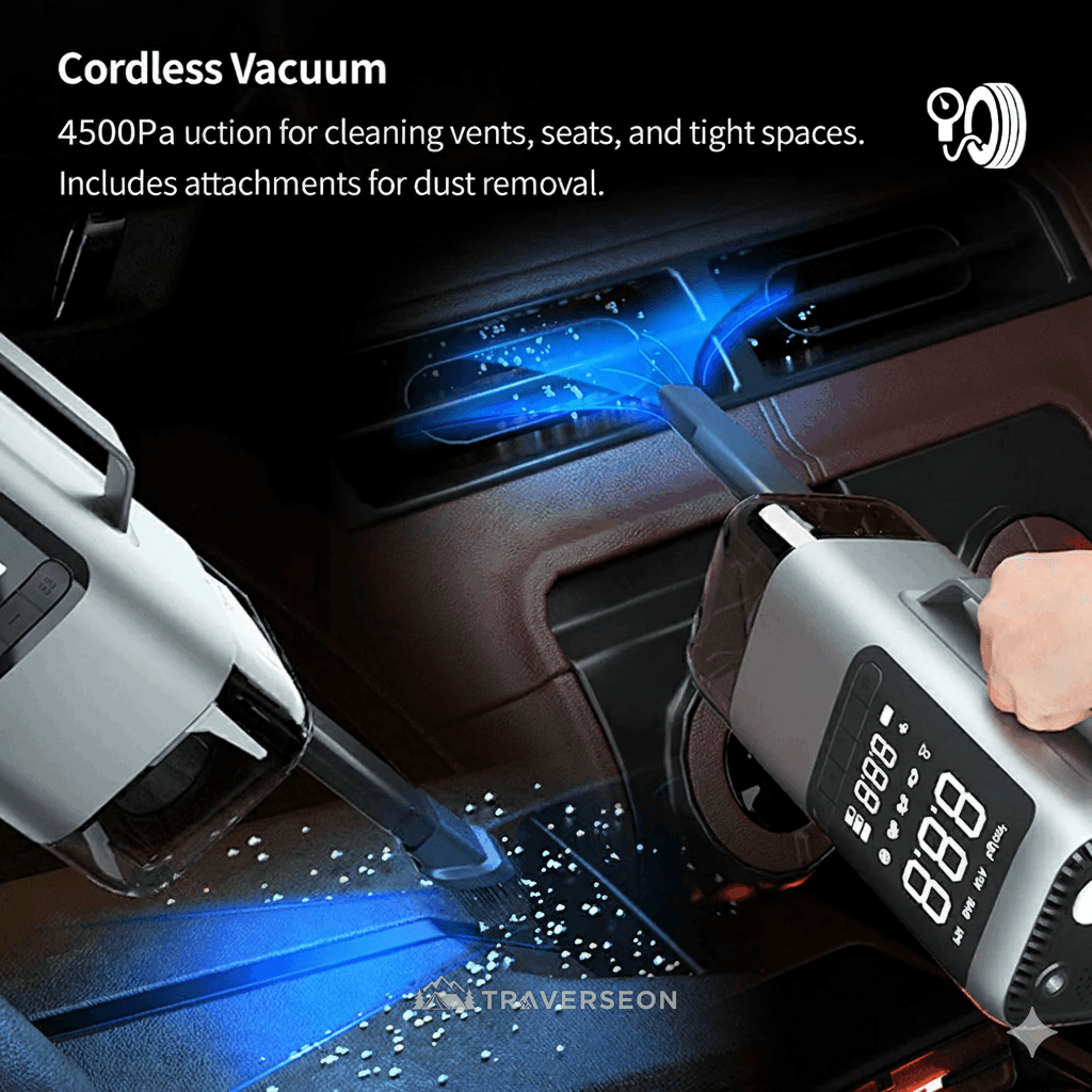 9-in-1 Car Emergency Tool – Jump Starter, Tire Inflator, Vacuum Cleaner | Traverseon
