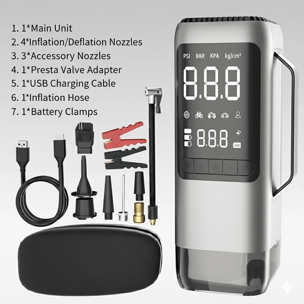 9-in-1 Car Emergency Tool – Jump Starter, Tire Inflator, Vacuum Cleaner | Traverseon